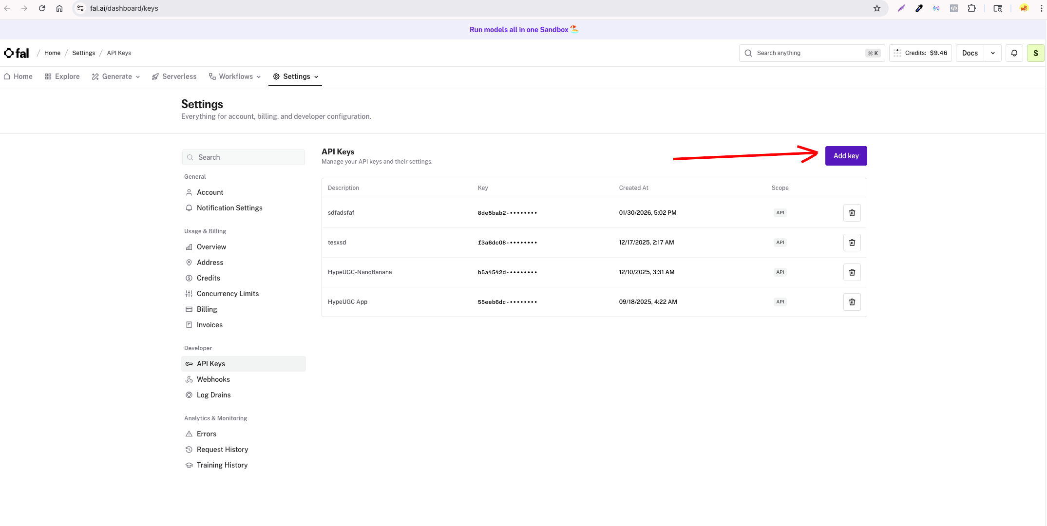 FAL.ai dashboard Keys page showing the Add Key button to generate a new API key