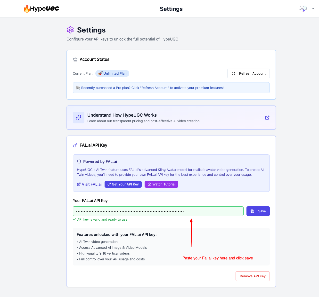 HypeUGC Settings page showing the FAL.ai API Key input field with Save button