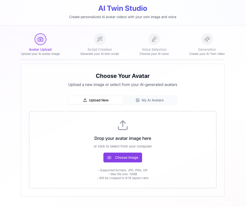 AI Twin Studio — Avatar upload interface showing the drag-and-drop zone and Choose Image button