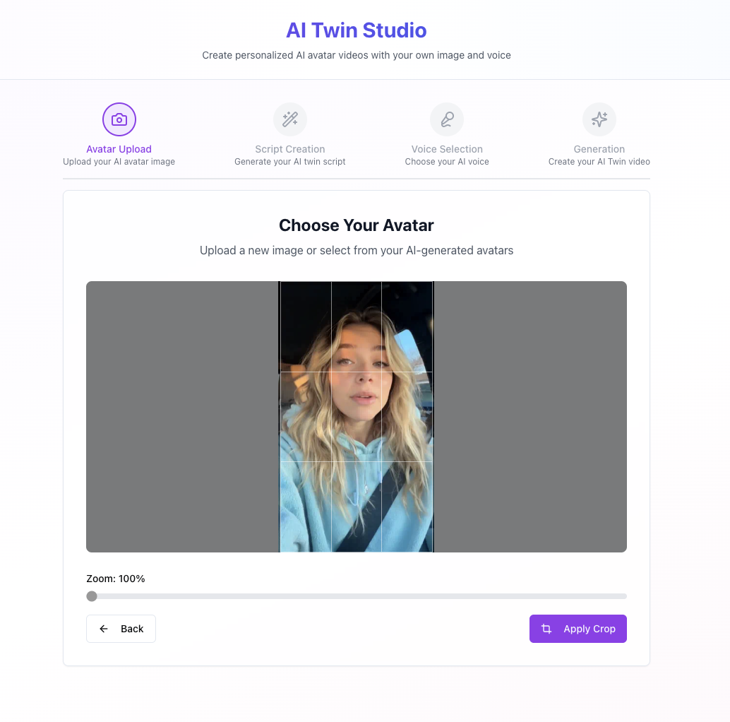 AI Twin Studio — Avatar cropping interface with zoom slider and Apply Crop button