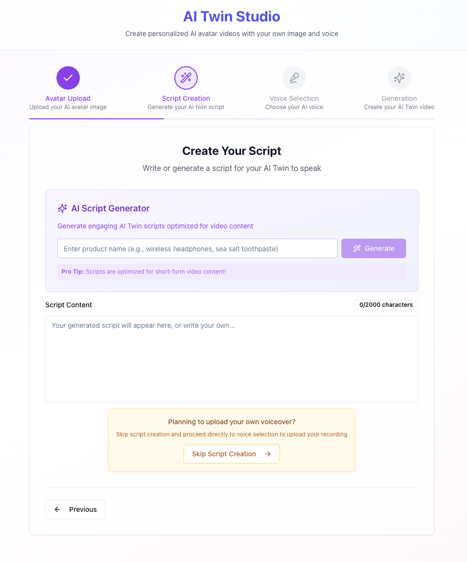 AI Twin Studio — Script creation screen with AI Script Generator and manual input area