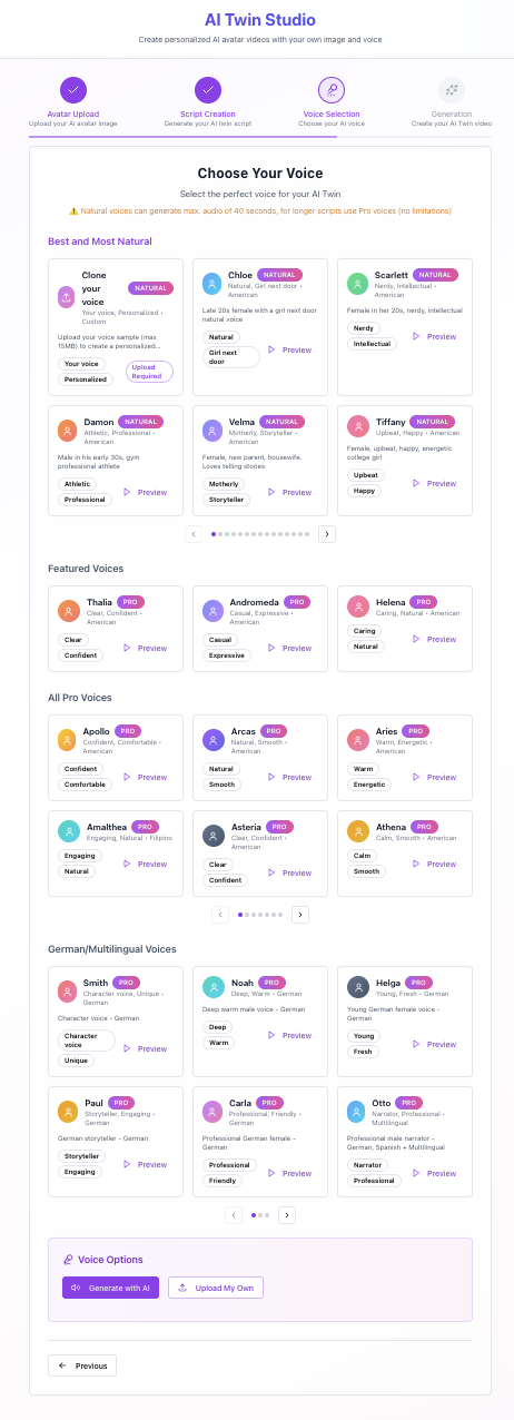 AI Twin Studio — Voice selection screen showing Natural voices, Featured voices, Pro voices, and voice cloning option